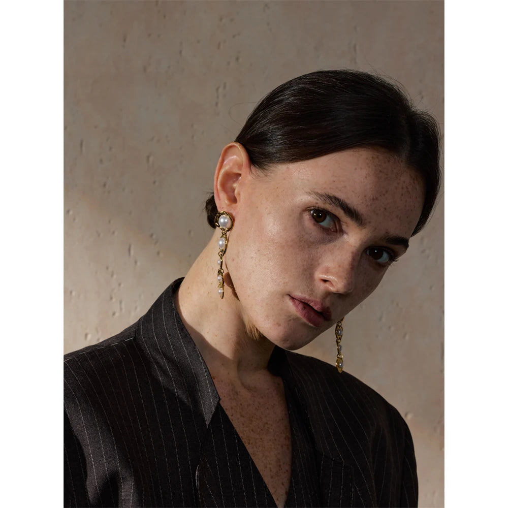 Yhpup Stainless Steel Simulated Pearls Golden Long Hanging Drop Earrings Prevent Allergy Fashion Popular Statement Jewelry Gift