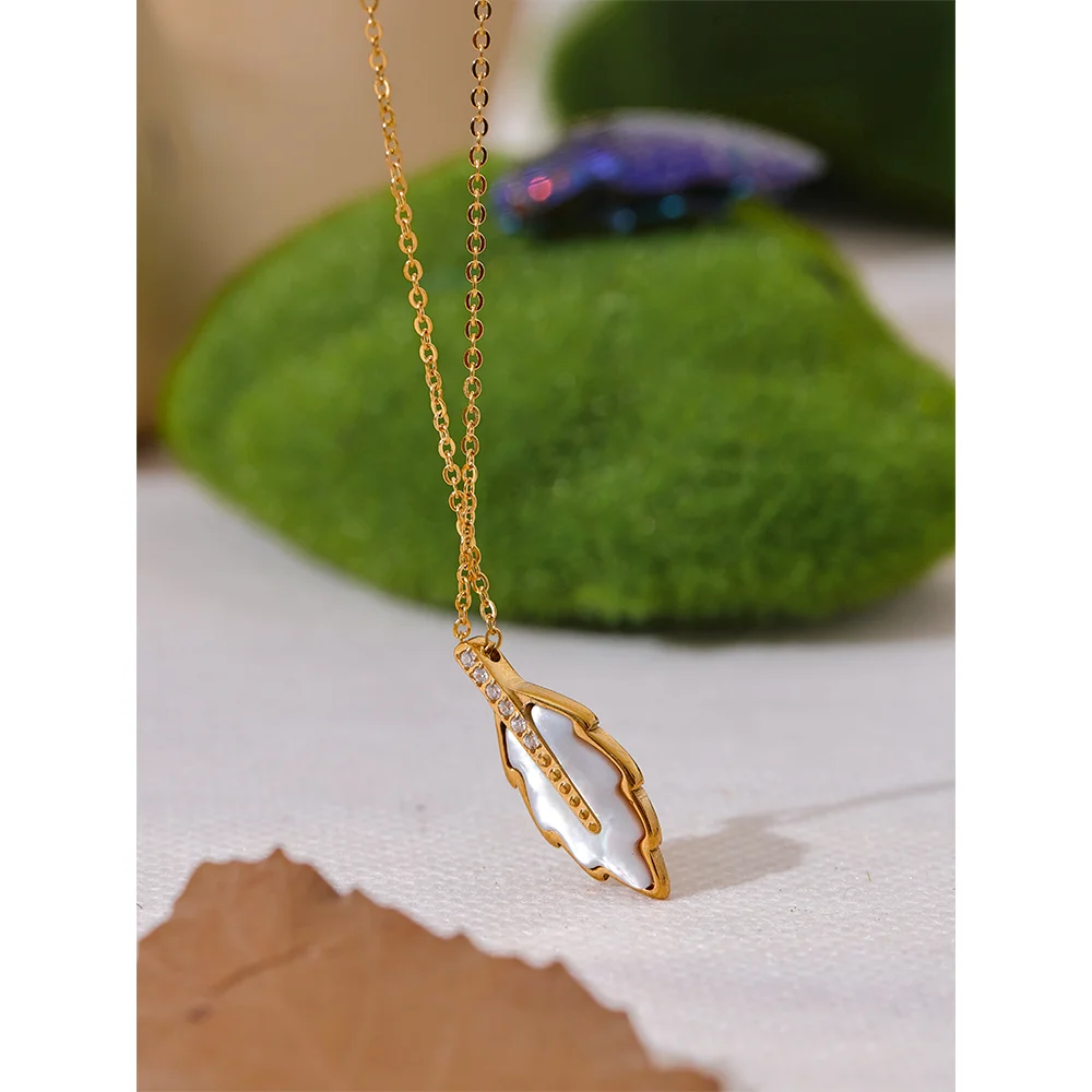 Yhpup High Quality Shiny Zircon Natural Shell Leaf Plant Pendant Necklace Stainless Steel Chain Neck Collar Exquisite Jewelry