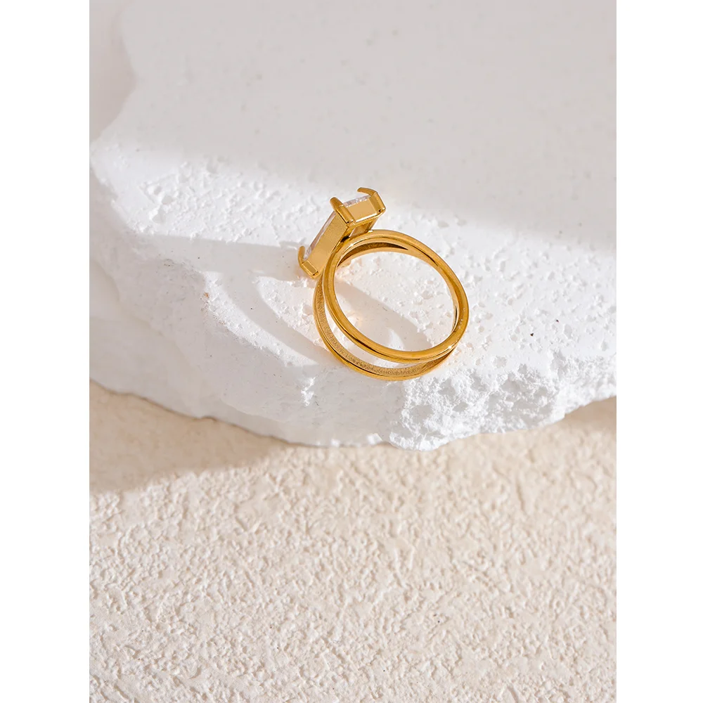 Yhpup Luxury Bling Cubic Zirconia Ring for Women Stainless Steel 18k Gold Color Geometric Simple Stylish Jewelry for Women Gift