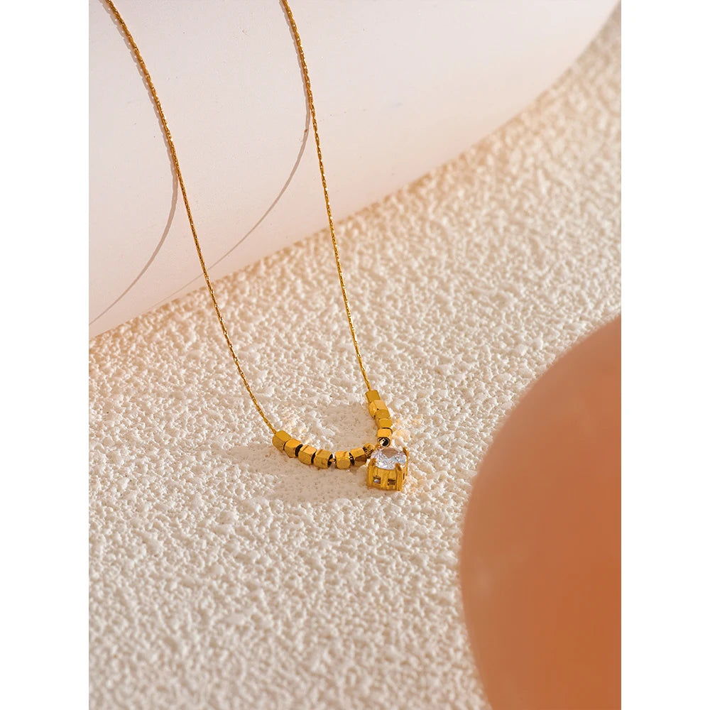 Yhpup Small Chic Square Chain Drop Cubic Zirconia Golden Necklace Pendant for Women High Quality Stainless Steel Popular Jewelry