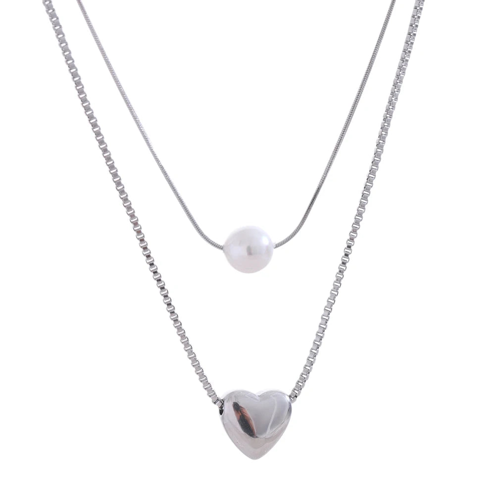 Yhpup Fashion Stainless Steel Double-Layer Chain Heart Imitation Pearl Pendant Stacking Necklace for Women Rust Proof Jewelry