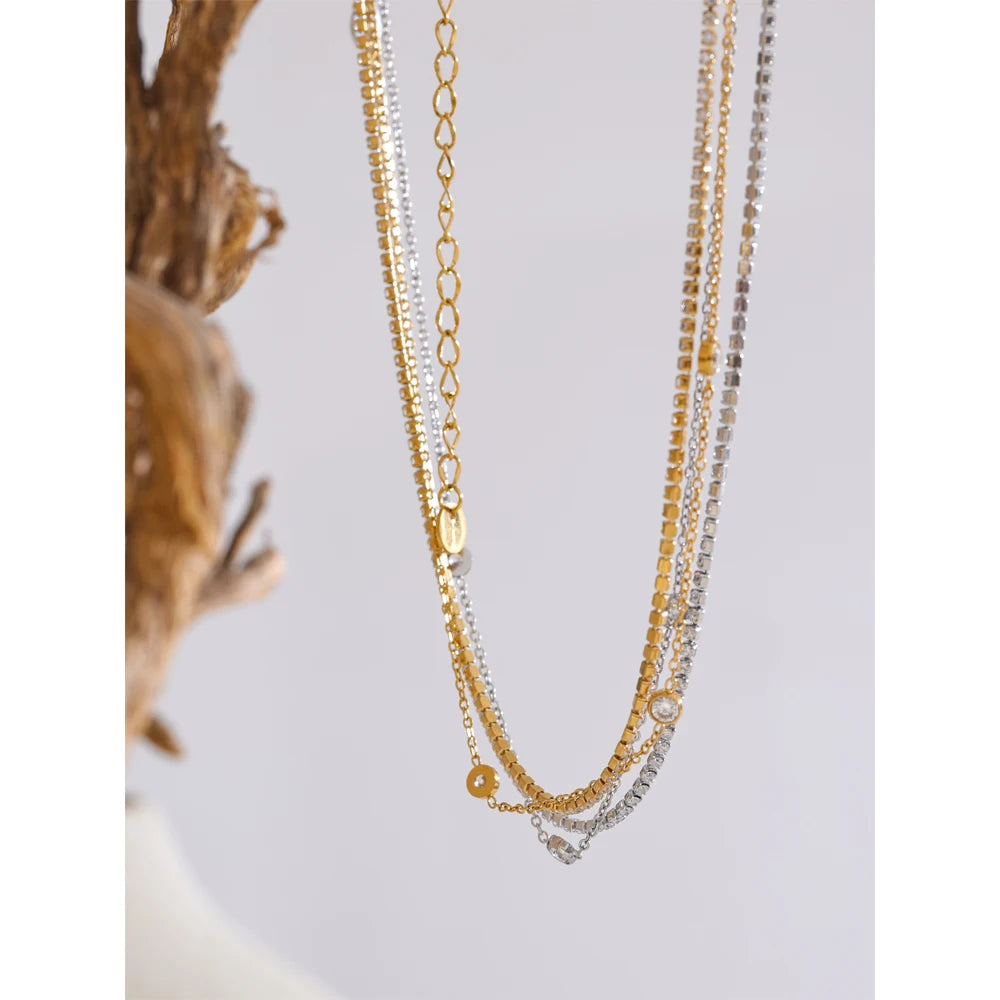 Yhpup New Arrivals Stainless Steel Double Layer Cubic Zirconia Chain Necklace for Women Temperament Delicate Premium Jewelry