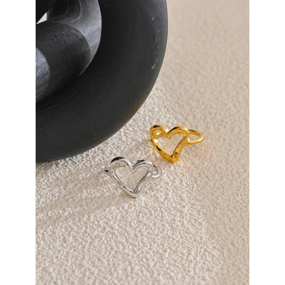 Yhpup Minimalist Stainless Steel Heart Love Hollow Ring Women Rust Proof Charm Finger Jewelry Wholesale Bijoux