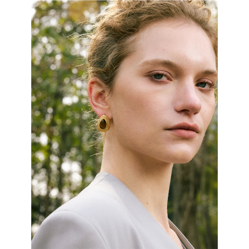 Yhpup Water Drop Natural Stone Fashion Geometric Daily Stud Earrings Vintage Tiger Lapis Lazuli Charm Jewelry Gold Color PVD
