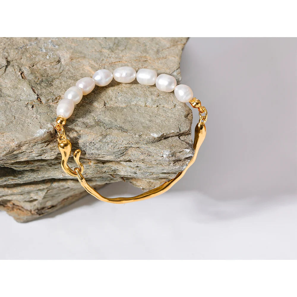 Yhpup Luxury Natural Freshwater Pearls Stainless Steel 18k Gold Color Bracelet Bangle Temperament Fashion Jewelry Women New Gift