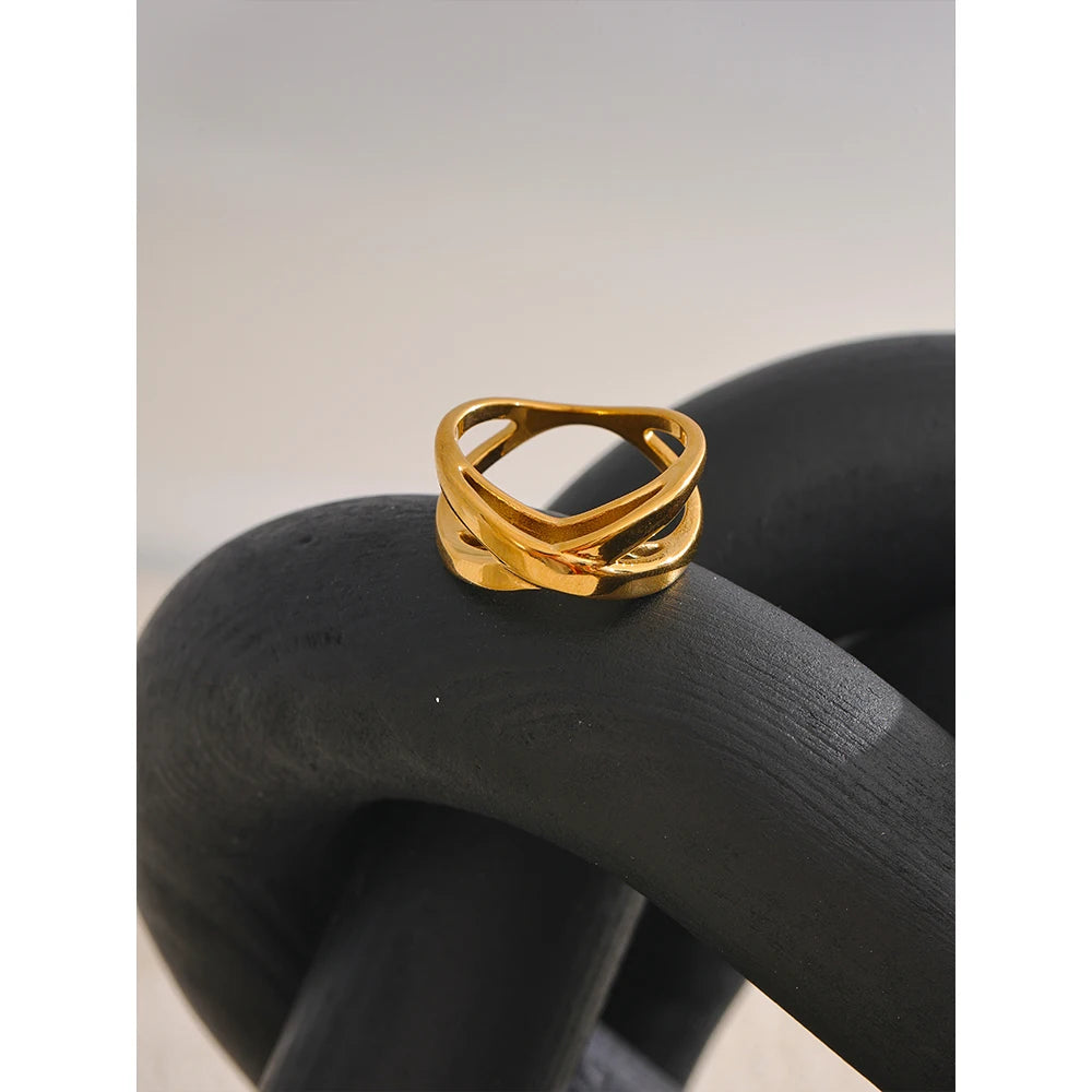 Yhpup Stainless Steel Geometric Ring 18K Gold PVD Plated Minimalist Unusual Jewelry New