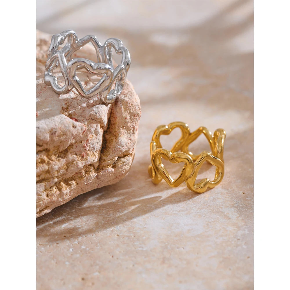 Yhpup Stylish Unique Stainless Steel Heart Love Hollow Ring Water Resistant Metal Attractive Daily Finger Jewellery 202
