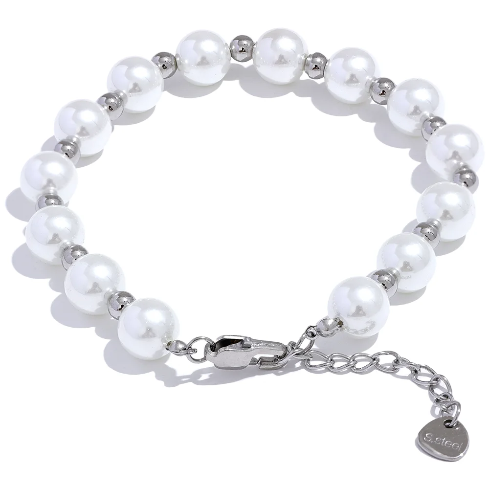 Yhpup Japan Imitation Pearls Handmade Chain Bracelet Bangle Stainless Steel Bead Elegant Stylish Korean Trend Jewelry Waterproof