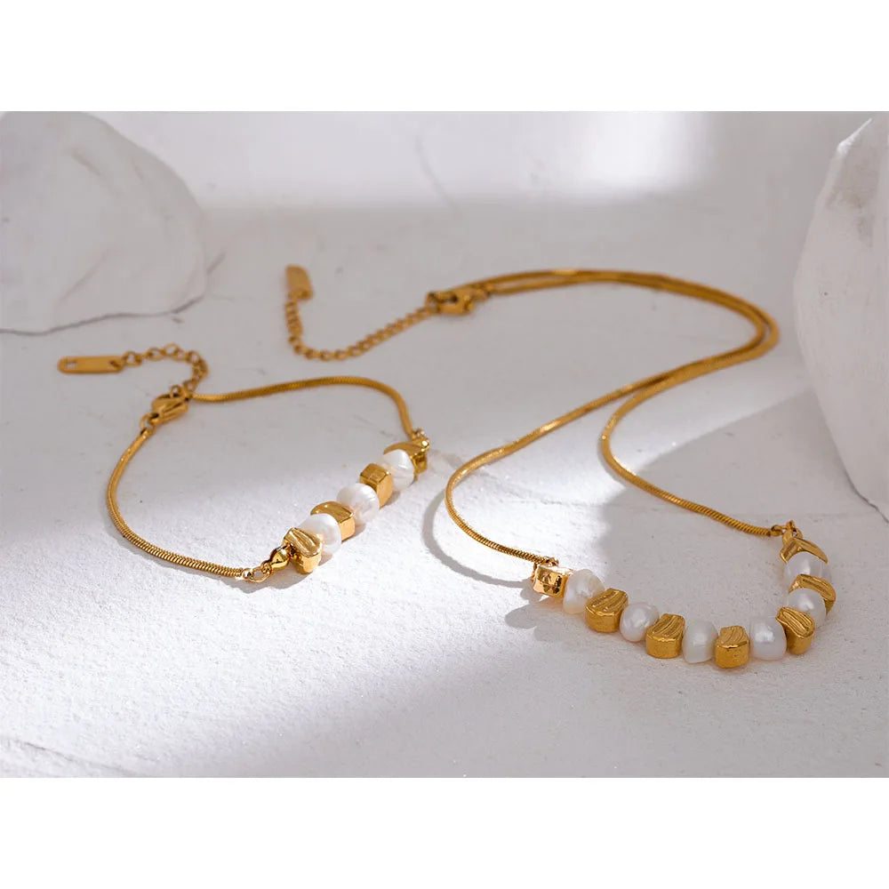Yhpup Natural Freshwater Pearl Stainless Steel Beads Chain Necklace Bracelet Bangle Gold Color Vintage Handmade Jewelry Women