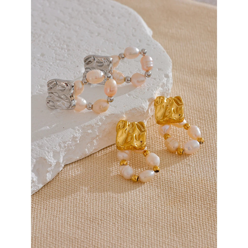 Yhpup High Quality Natural Freshwater Pearl Geometric Fashion Drop Earrings Rust Proof Stainless Steel Elegant Jewelry Gift