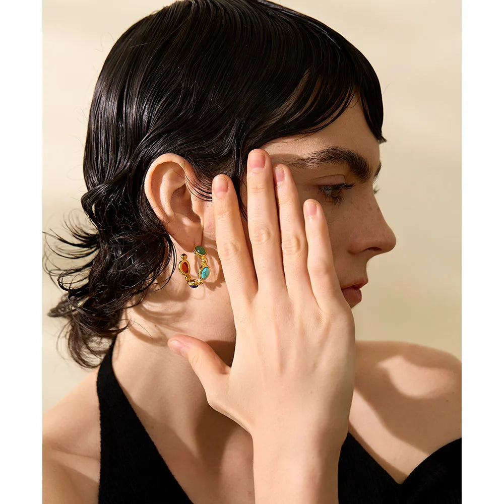 Yhpup 316l Stainless Steel Natural Stone Vintage Colorful Hoop Earrings PVD 18k Plated High Quality Fashion Jewelry for Women