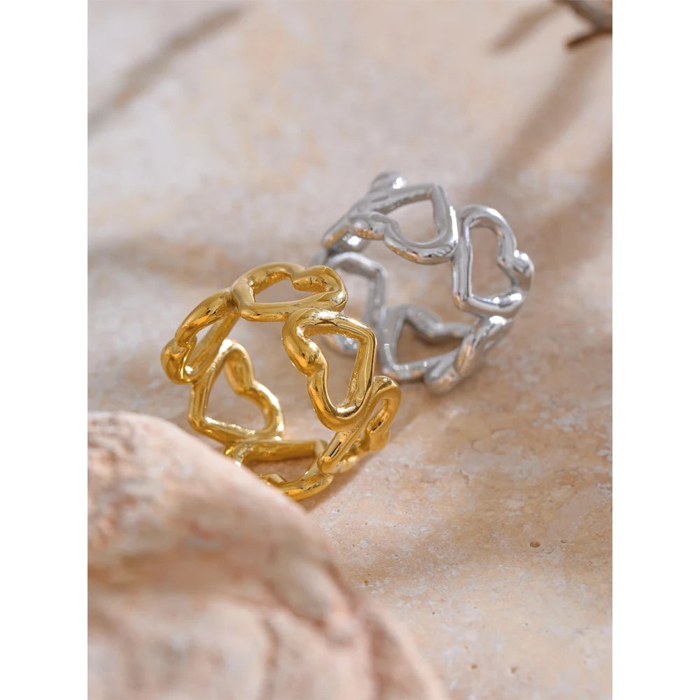 Yhpup Stylish Unique Stainless Steel Heart Love Hollow Ring Water Resistant Metal Attractive Daily Finger Jewellery 202