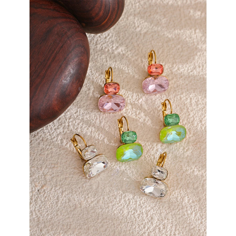 Yhpup Fashion Crystal Candy Stud Earrings French Hoops Trendy White Green Pink Y2K Summer Jewelry for Women 18k PVD Plated