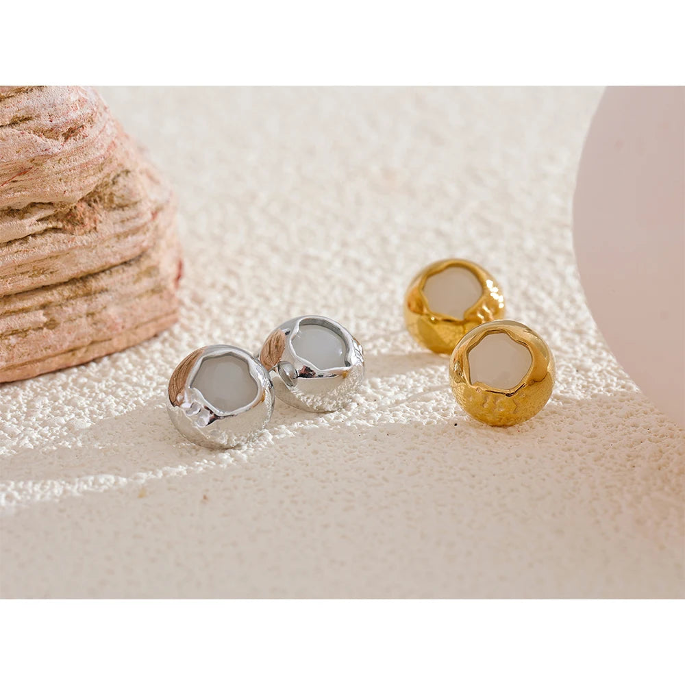 Yhpup Exquisite Natural Stone Stainless Steel Round Fashion Stud Earrings High Quality Stylish Versatile Daily Jewelry for Women