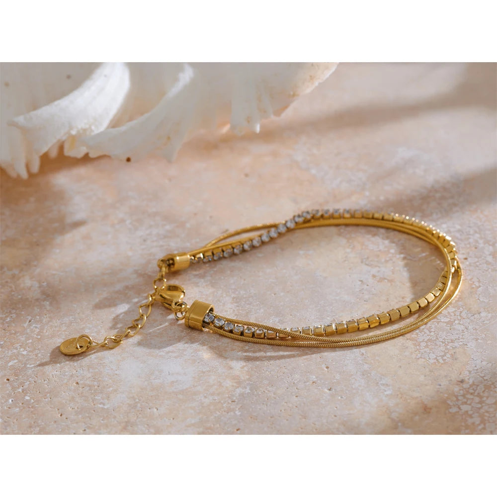 Yhpup Stainless Steel Shiny Cubic Zirconia Layered Chain Stacking Bracelet Bangle Waterproof Women High Quality Fashion Jewelry