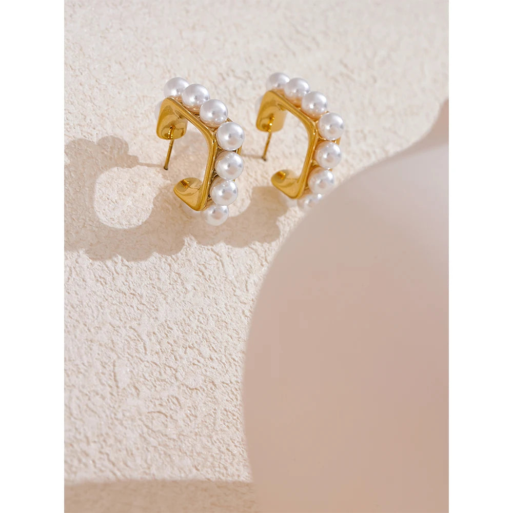 Yhpup Fashion Imitation Pearls 316L Stainless Steel Square Geometric Huggie Earrings Exquisite Korean Jewelry серьги тренд