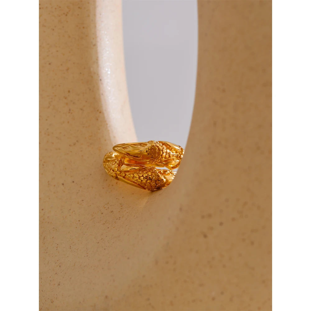 Yhpup 316L Stainless Steel Metal Hammer Snake Twisted Ring Water Resistant Texture Geometric Statement 18k Gold Color Jewelry