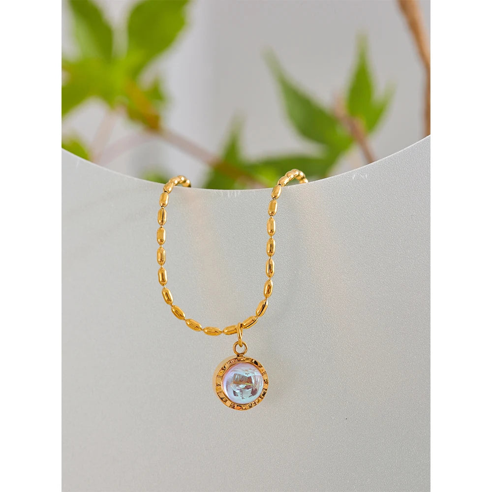 Yhpup Stainless Steel Exquisite Moonlight Stone Drop Necklace for Women High Quality Chic Chain Charm Jewelry Gift Waterproof