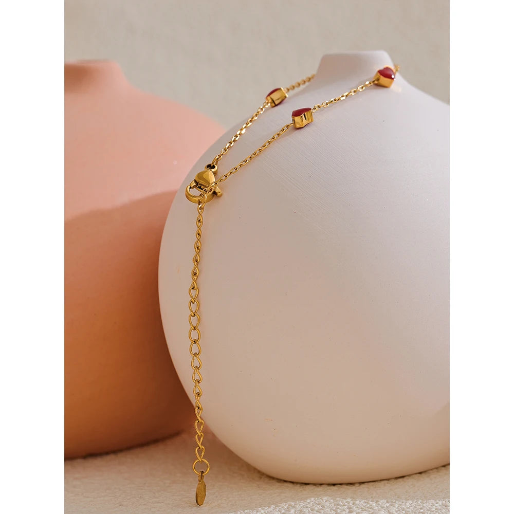 Yhpup Double Side Enamel Heart Chain Chic Bracelet Bangle Gift Stainless Steel Fashion Charm Korean Golden Jewelry Women