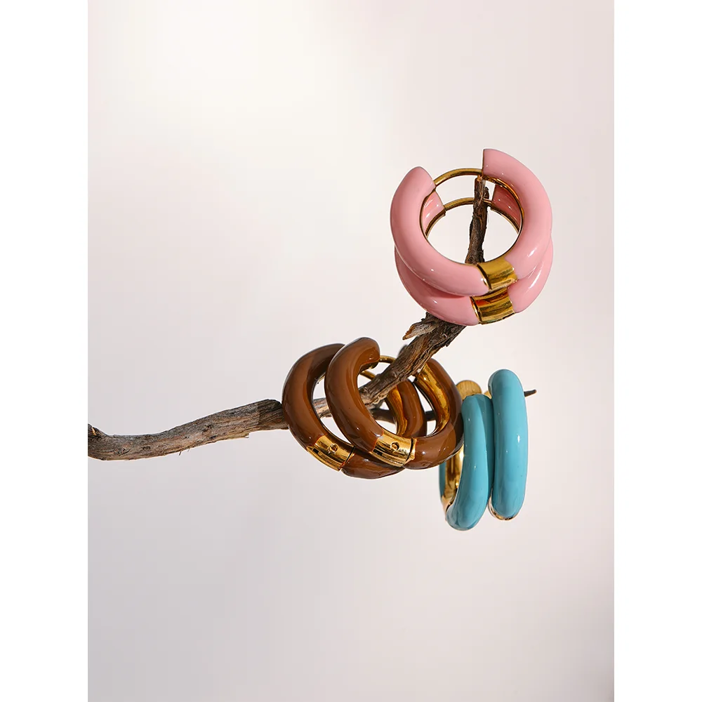 Yhpup 20mm Candy Color Blue Pink Brown Enamel Stainless Steel Hollow Hoop Earrings Golden Simple Trendy Y2K Sweet Jewelry Gift