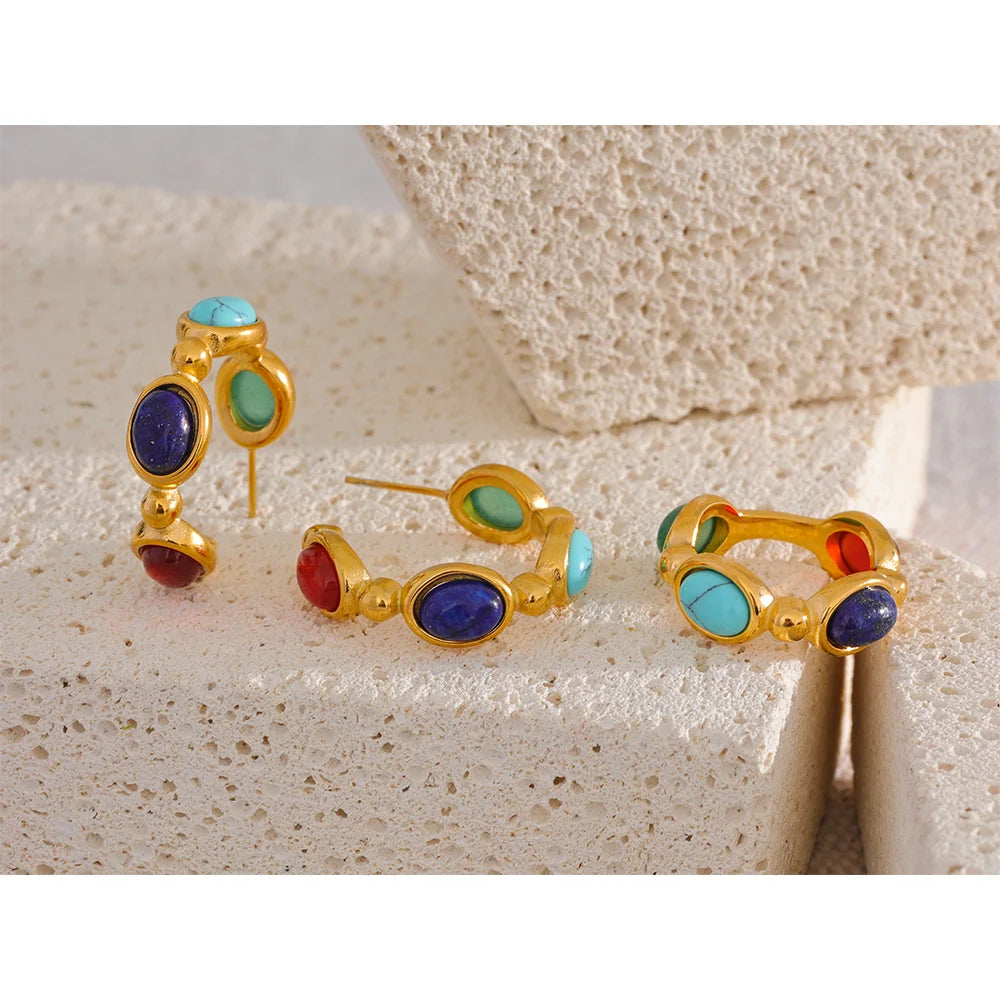 Yhpup 316l Stainless Steel Natural Stone Vintage Colorful Hoop Earrings PVD 18k Plated High Quality Fashion Jewelry for Women