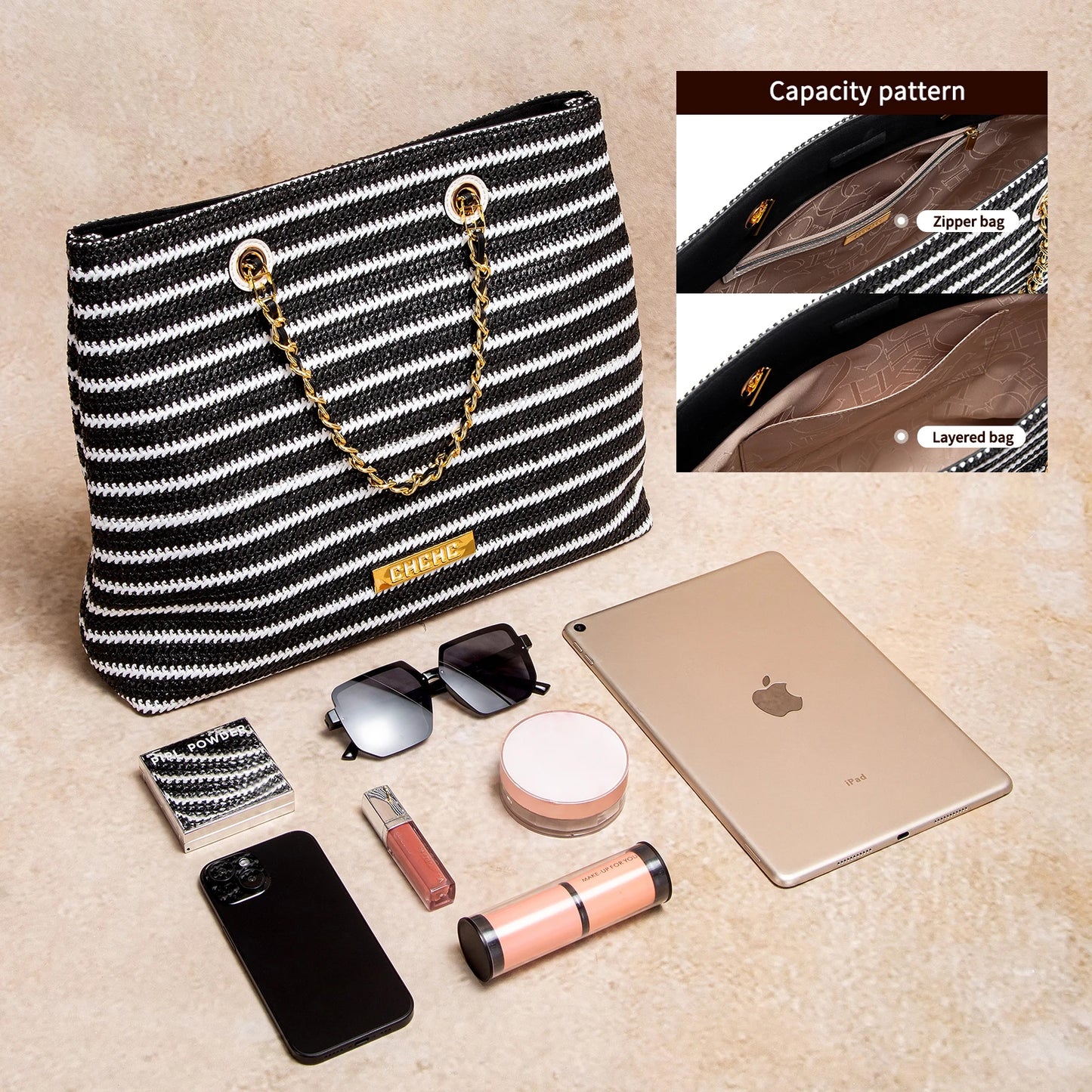 Fashion Classic Retro Stripe Women's New Chain Bag Large Capacity PP Material Women's Shoulder Bag