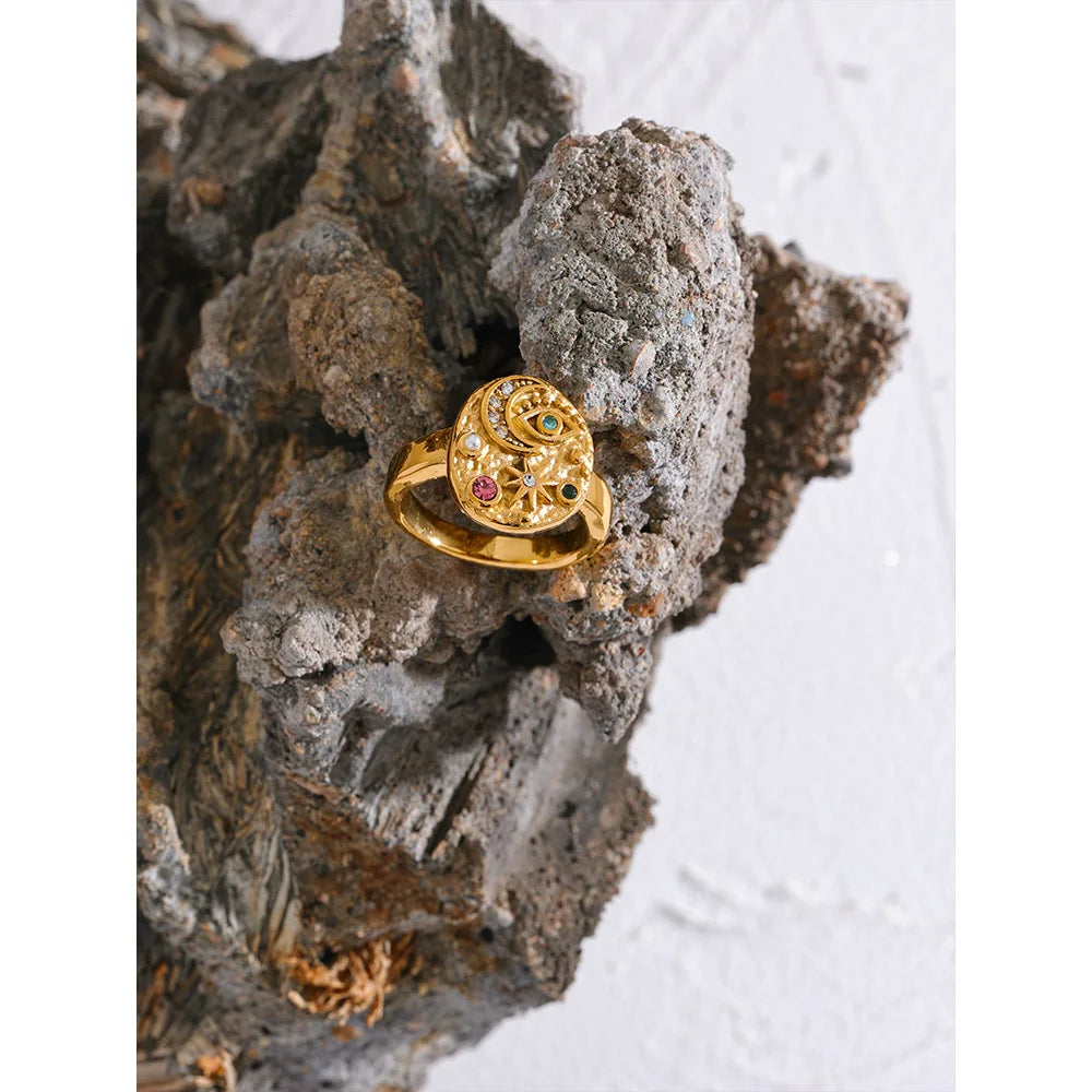 Yhpup Stainless Steel Star Moon Eye Charms Ring Colorful CZ Zirconia 18K Gold Color High Quality Celestial Jewelry Women Gala