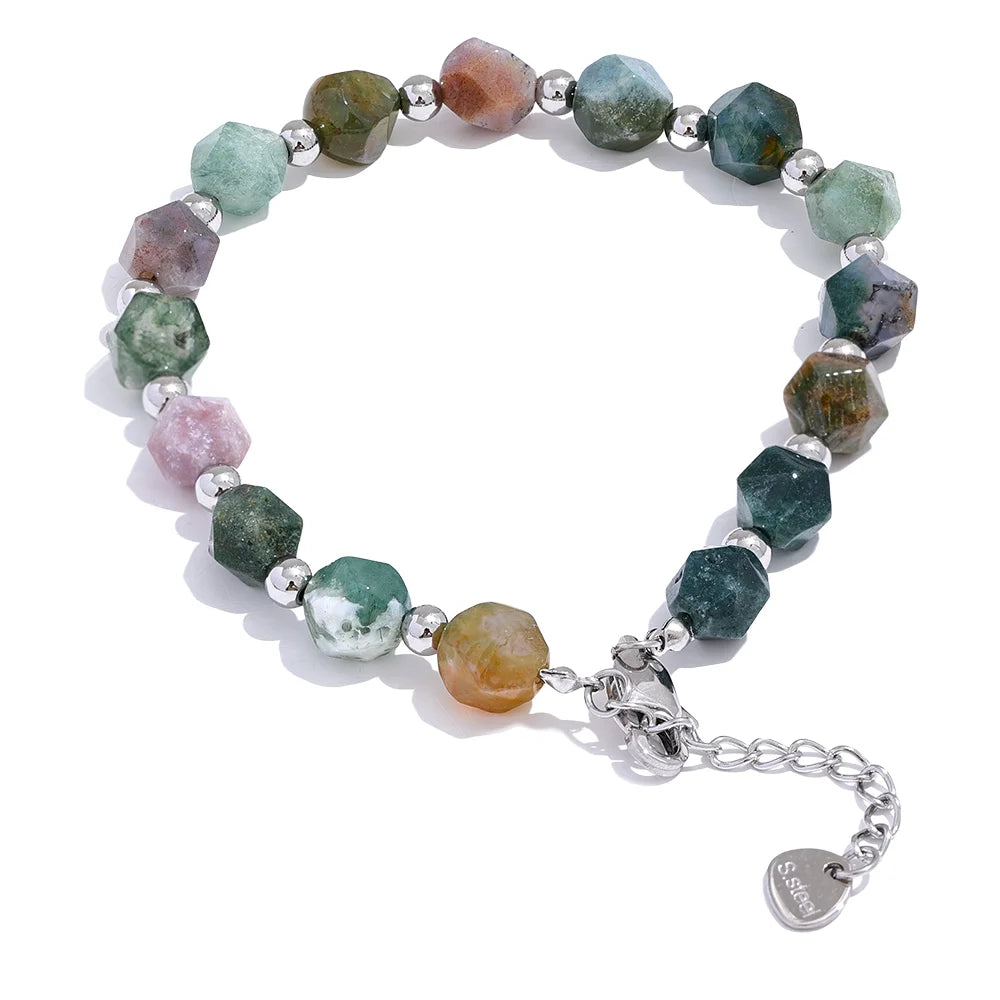 Yhpup Indian Agate Natural Stone Beads Chain Men Bracelet Bangle Stainless Steel Wrist Handmade Summer Jewelry Waterproof