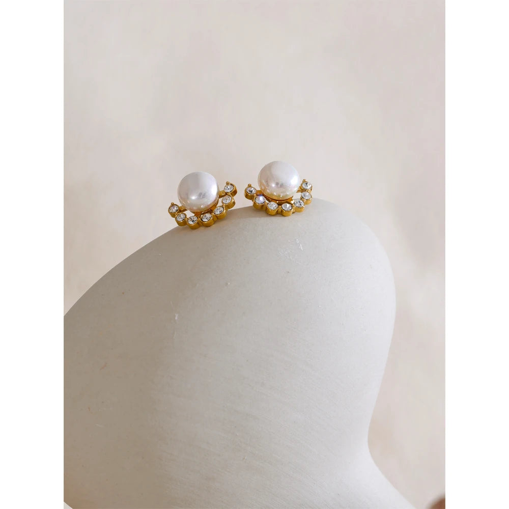 Yhpup Delicate Smooth Simulated Pearls Zirconia Chic Stud Earrings Korean Trendy Exquisite Stainless Steel Fashion Jewelry Gift