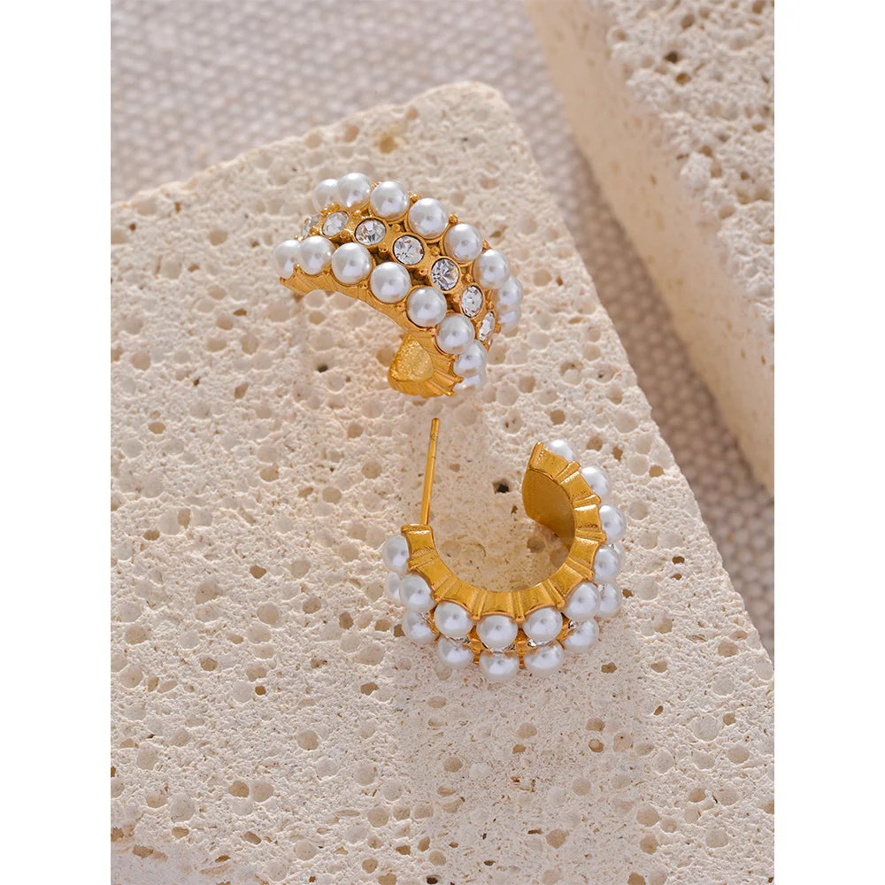 Yhpup Imitation Pearl Cubic Zirconia Stainless Steel Hoop Earrings for Women Korean Ear Pendants Gold Color Jewelry Pendientes