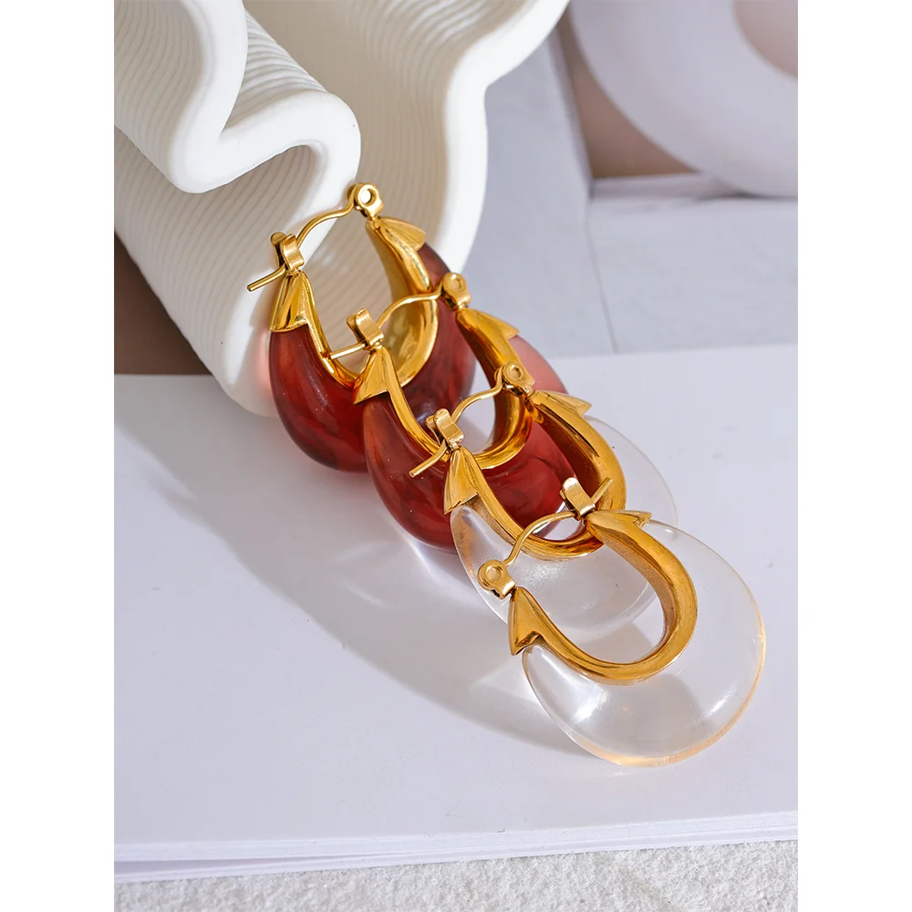 Yhpup Fashion Stainless Steel Acetic Acid Resin Hollow Chunky Hoop Earrings for Women Prevent Allergy Charms Jewelry Party Gift