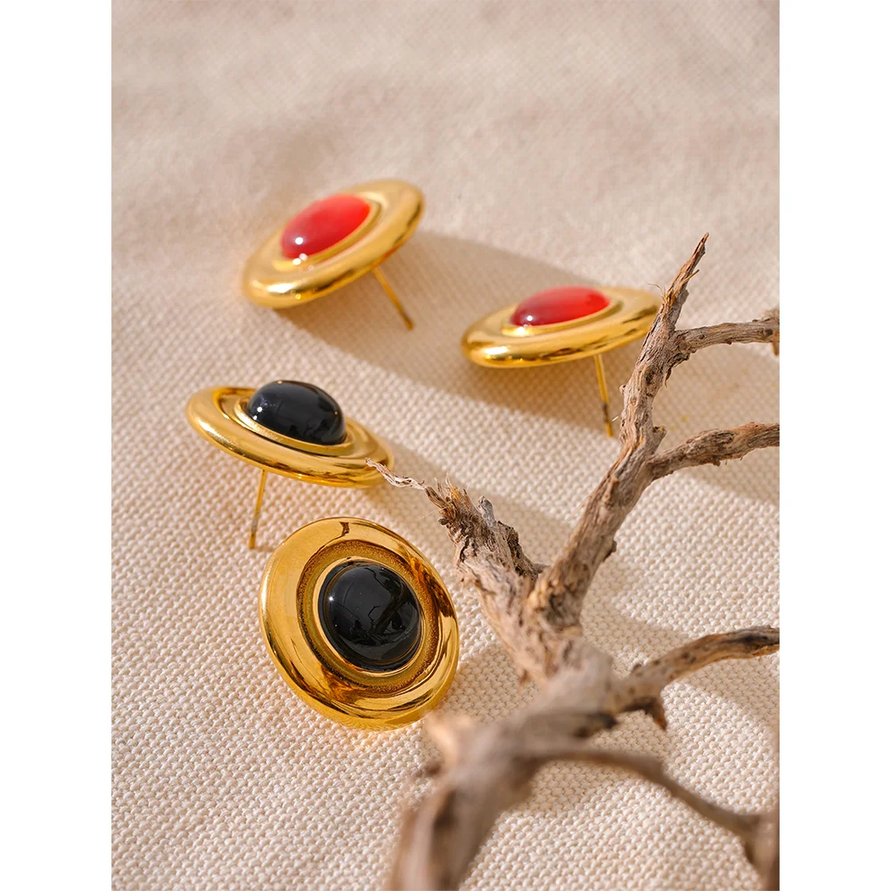 Yhpup Red Black Natural Stone Stainless Steel Round Stud Earrings for Women Gold Color Fashion Statement Jewelry Waterproof Gift