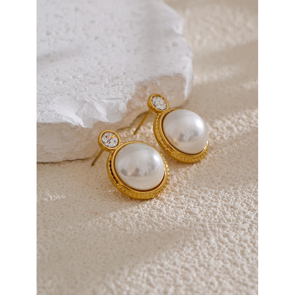 Yhpup Waterproof Korean Style Zirconia Imitation Pearls Stud Earrings Stainless Steel Elegant Daily Classic Fashion Jewelry
