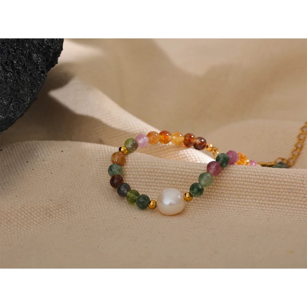 Yhpup Natural Tourmaline Stone Pearl Fashion Colorful Bead Bracelet Bangle for Women Mother Gift Healing Charm Jewelry Wholesale