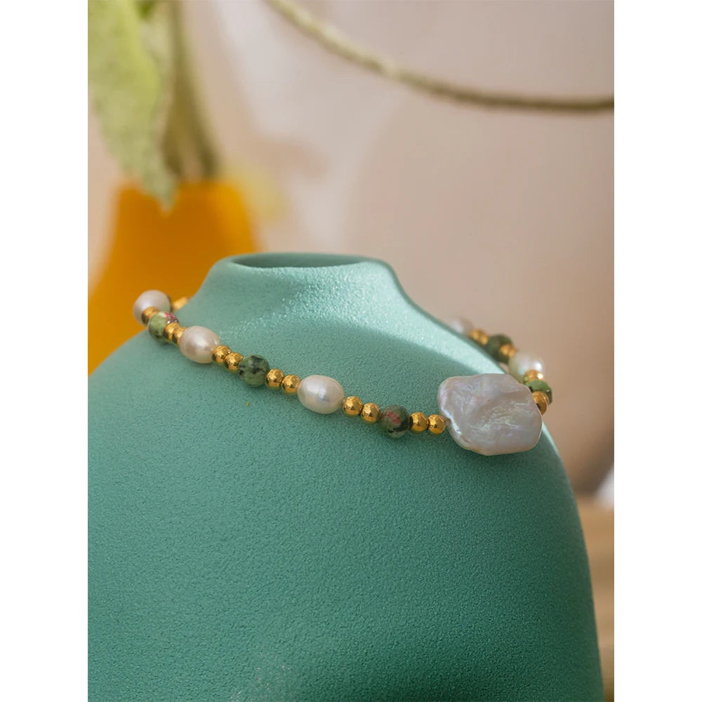 Yhpup Luxury Baroque Natural Epidote Stone Freshwater Pearls Handmade Stainless Steel Beads Bracelet Bangle PVD Jewelry Women