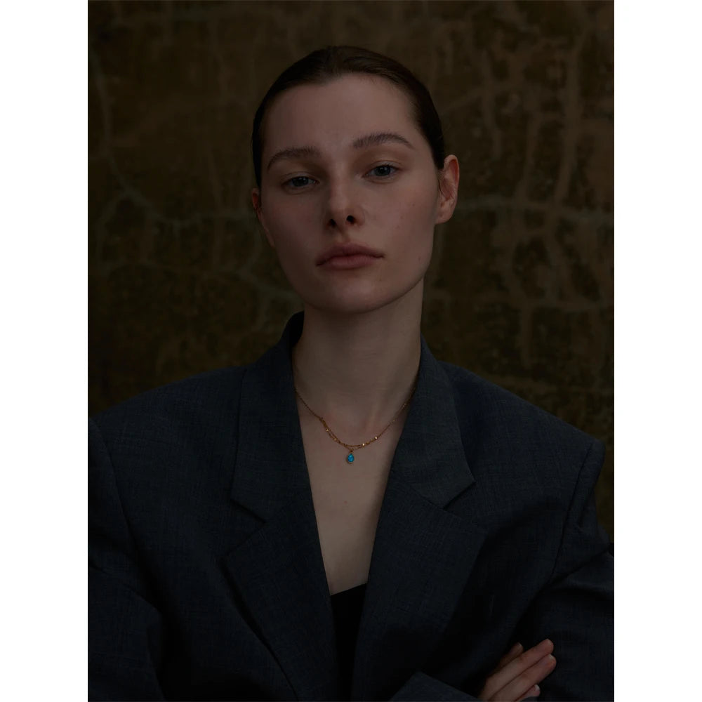 Yhpup Exquisite Blue Opal Artificial Stone Pendant Double-layered Chain Stacking Necklace Stainless Steel Stylish Jewelry Gift