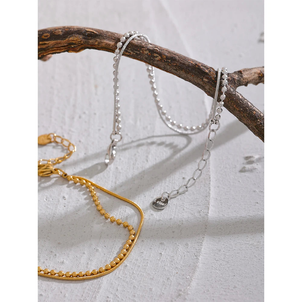 Yhpup Stainless Steel Flat & Bead Chains Double Layer Fashion Bracelet Bangle Men Women Charm Summer Beach Trendy Chic Jewelry