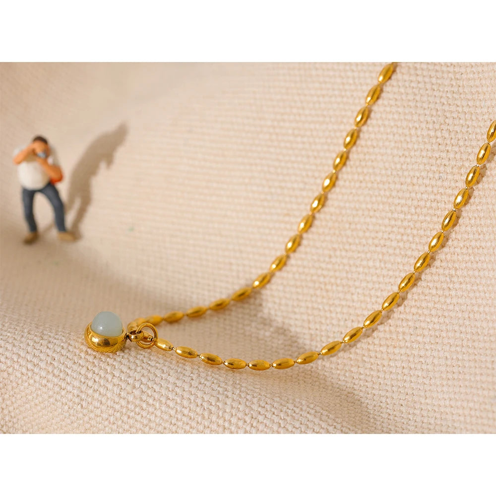 Yhpup Small Aventurine Natural Stone Pendant Stainless Steel 18k Gold Color Necklace Delicate Fashion Chic Jewelry for Women