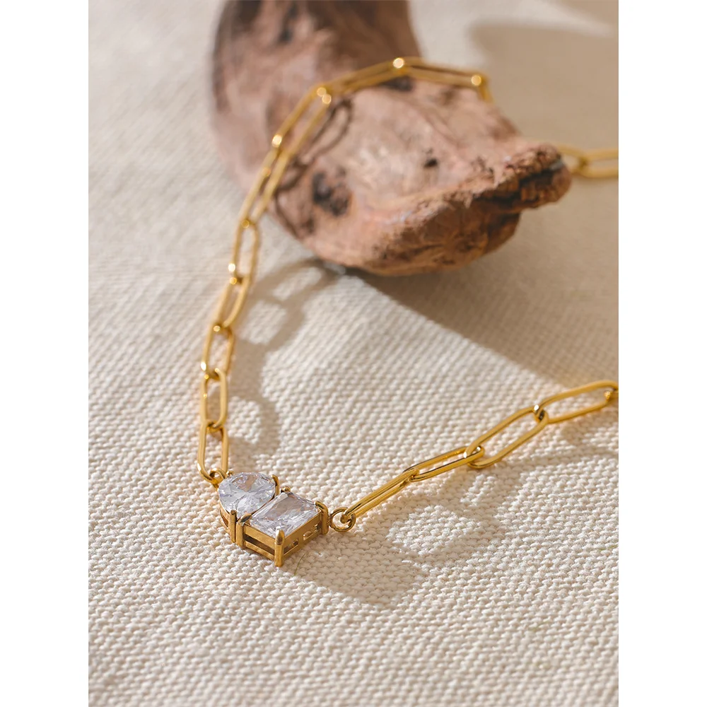 Yhpup Premium AAA Cubic Zirconia Pendant Necklace Gold Color Chain Stainless Steel Geometric High Quality Jewelry for Women