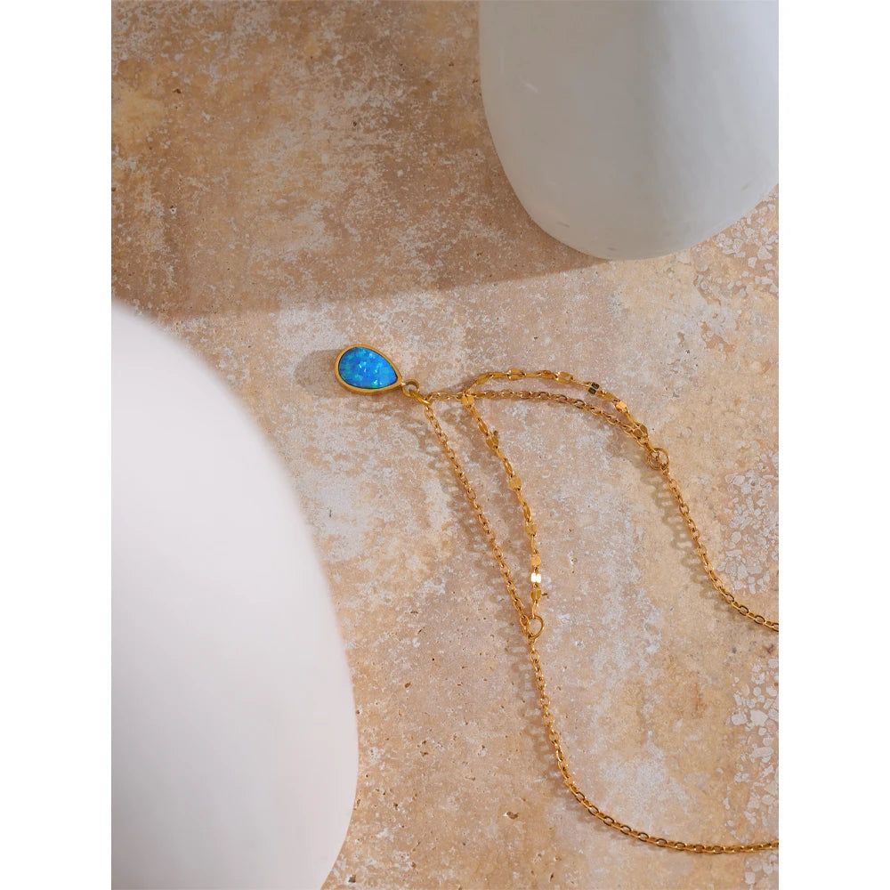 Yhpup Exquisite Blue Opal Artificial Stone Pendant Double-layered Chain Stacking Necklace Stainless Steel Stylish Jewelry Gift