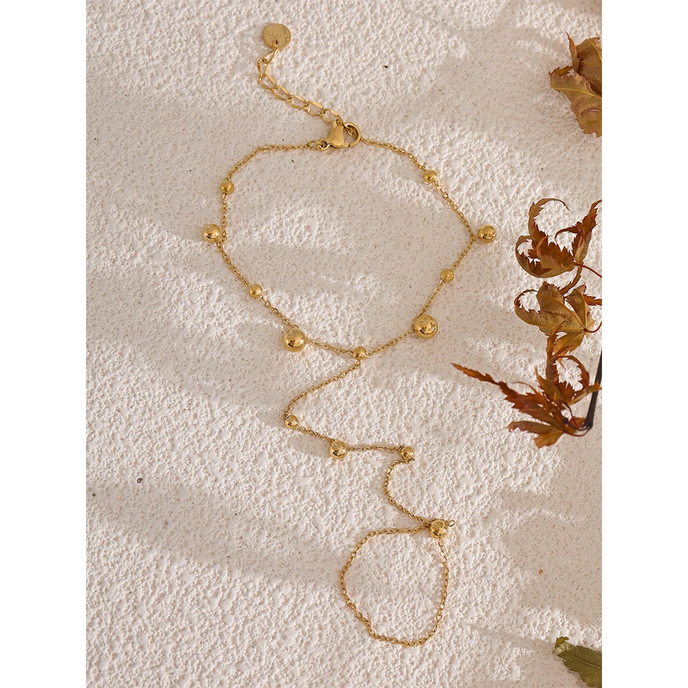 Yhpup Stainless Steel Beads Back of Hand Chain Gold Color Finger Bracelet 18K PVD Plated Summer Individualistic Jewelry Gift