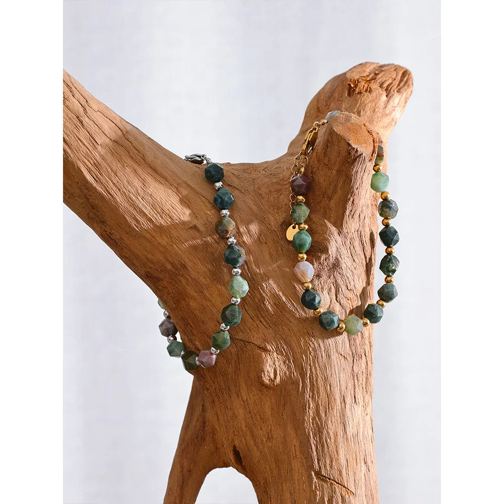 Yhpup Indian Agate Natural Stone Beads Chain Men Bracelet Bangle Stainless Steel Wrist Handmade Summer Jewelry Waterproof