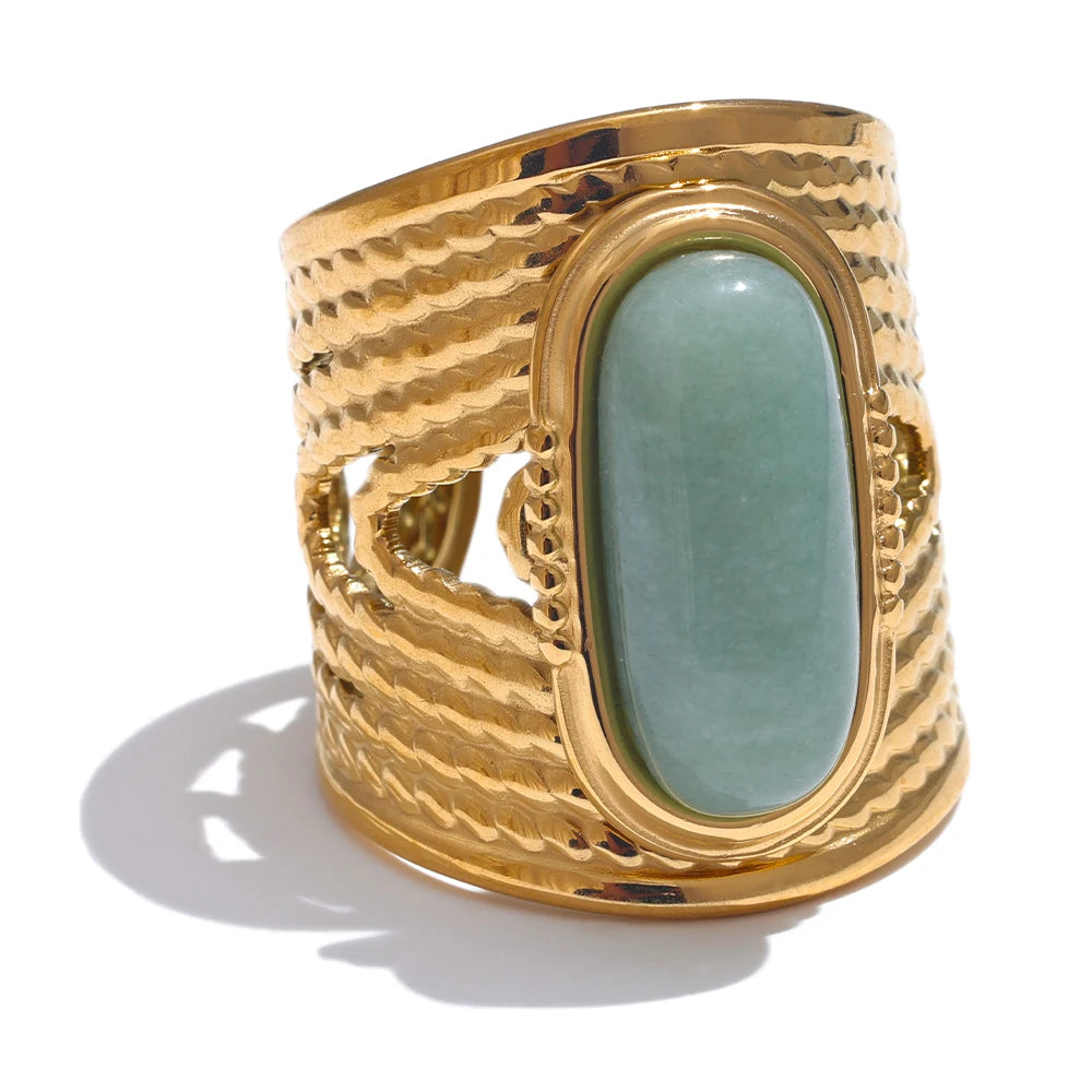Yhpup Green Natural Stone Fashion Open Ring Adjustable Stainless Steel Golden Geometric Daily Statement Jewelry Accessories Gift