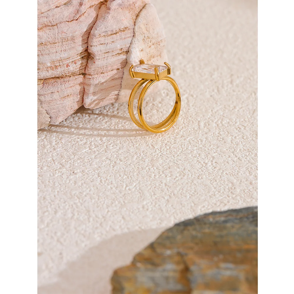 Yhpup Luxury Bling Cubic Zirconia Ring for Women Stainless Steel 18k Gold Color Geometric Simple Stylish Jewelry for Women Gift