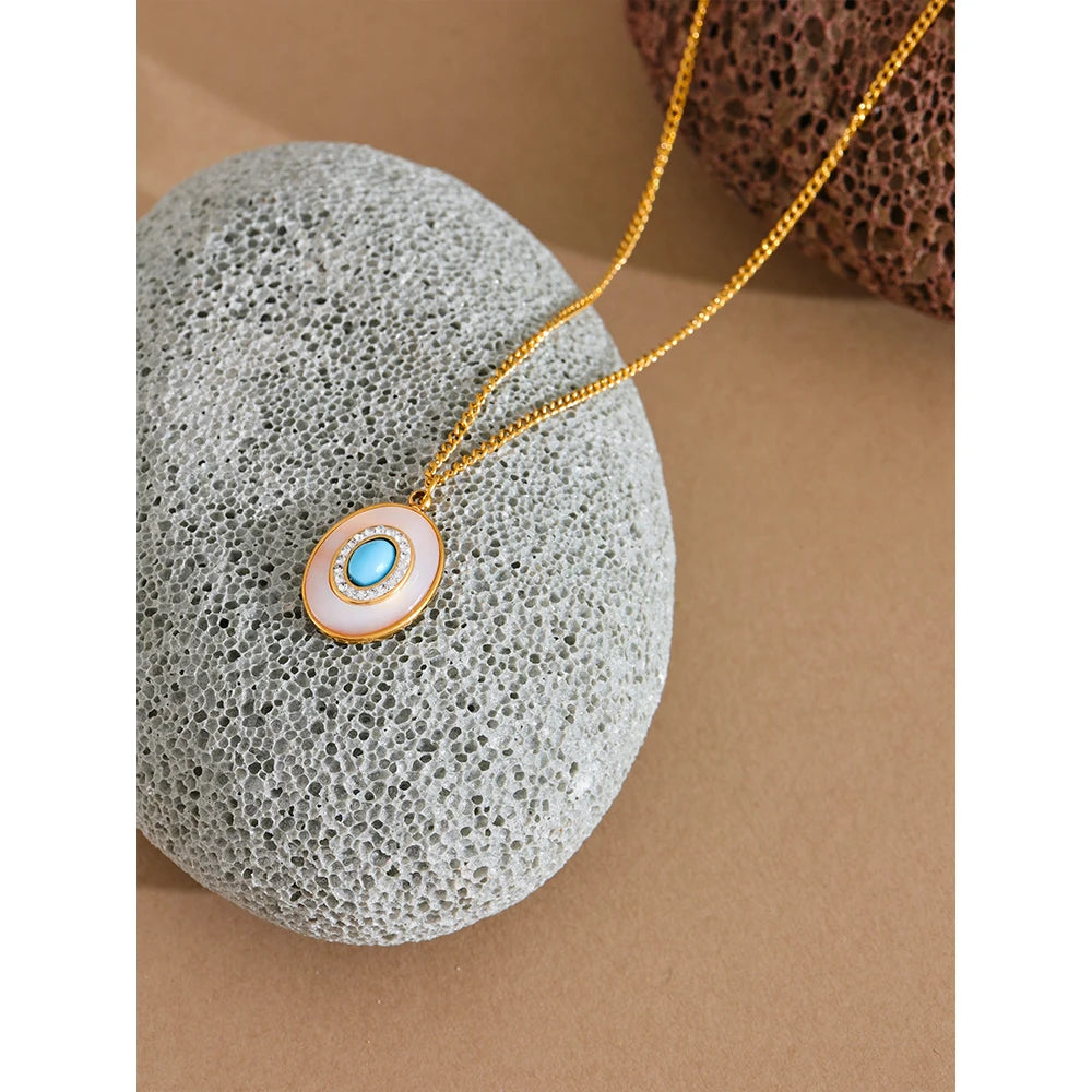 Yhpup Fashion Natural Shell Stone Cubic Zircon Chic Pendant Necklace Vintage Stainless Steel Waterproof Luxury Jewelry Gift