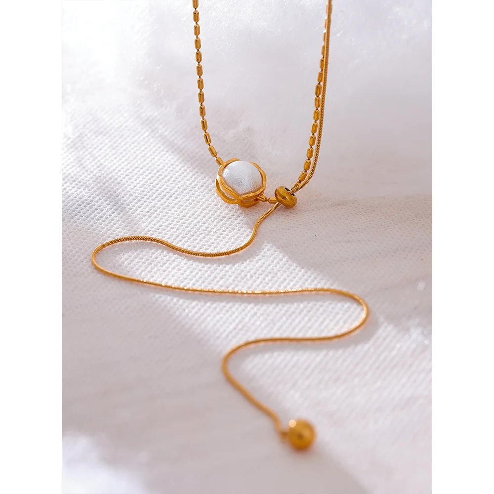 Yhpup Stainless Steel Imitation Pearl Korean Style Chain Necklace Water Resistant Personalized Fashion Neck Pendant Jewelry