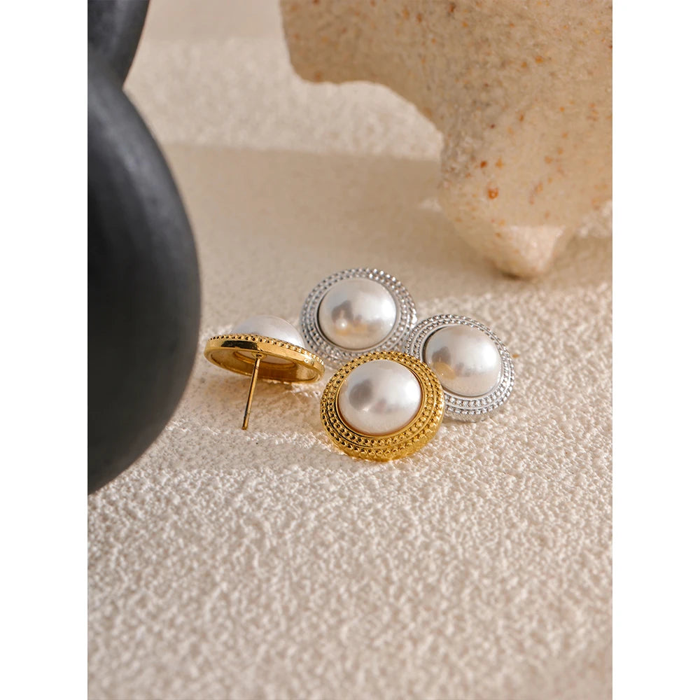 Yhpup Korean Imitation Pearls Round Stud Earrings Anti Allergic Elegant Classic Daily Fashion Gold & Platinum PVD Plated Jewelry