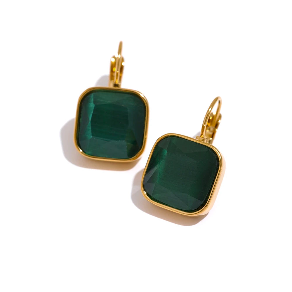 Yhpup Delicate Colorful Vintage Charm Square Opal Stone French Hook Earrings Stainless Steel 18k Gold Plated Waterproof Jewelry