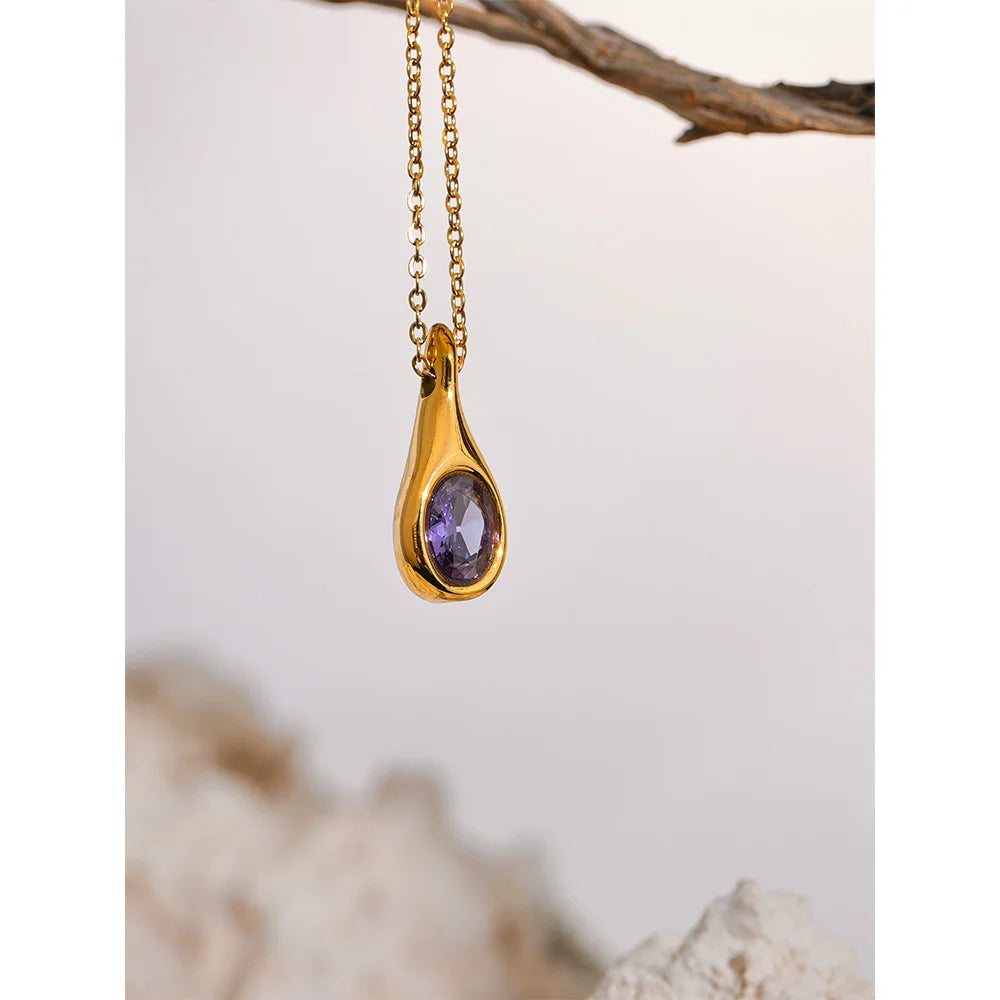 Yhpup High Quality Purple Cubic Zirconia Stainless Steel Water Drop CZ Pendant Fashion Necklace Delicate Women Chic Jewelry Gift
