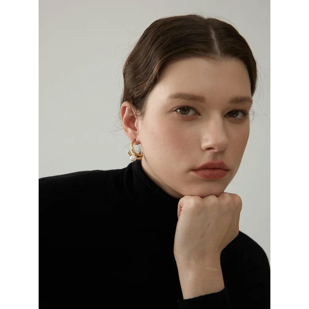 Yhpup Trendy Imitation Pearls Stainless Steel Geometric Huggie Earrings Korean Temperament Anti Allergic Versatile Jewelry New